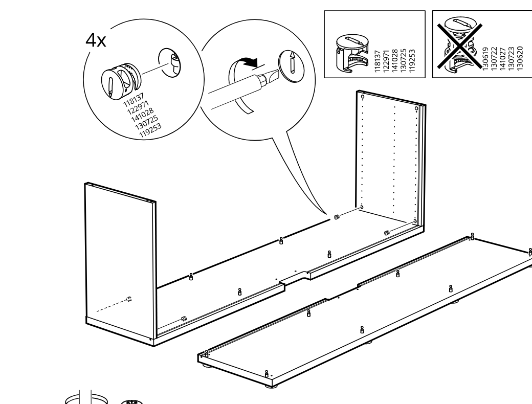 Diagram for step 4: Insert and turn four cam locks into the side and bottom panels, following the allowed part-number panel and not using the crossed-out cam type.