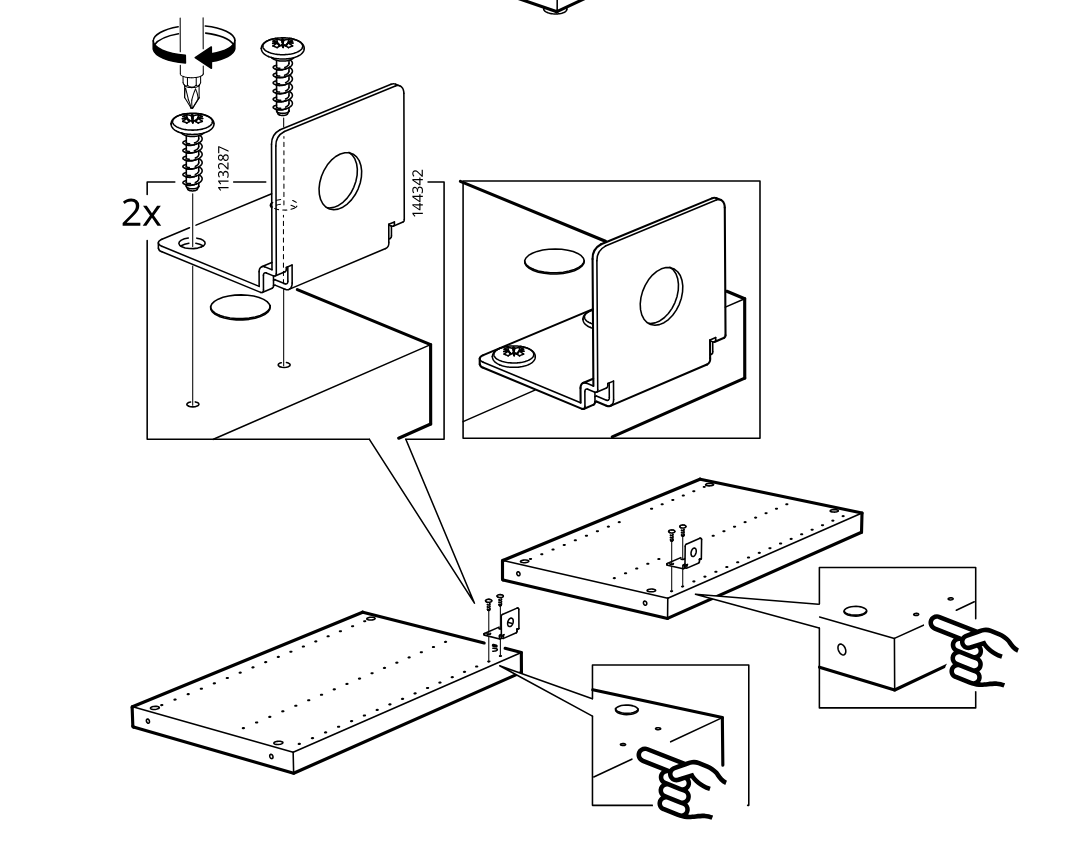 Diagram for step 5: Screw two metal clip brackets onto the boards, then slide the assembled boards together until the clips engage as shown in the hand callouts.