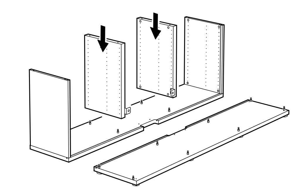 Diagram for step 6: Two interior vertical panels are lowered onto the base between the side panels, aligning with the preinstalled fittings and holes.