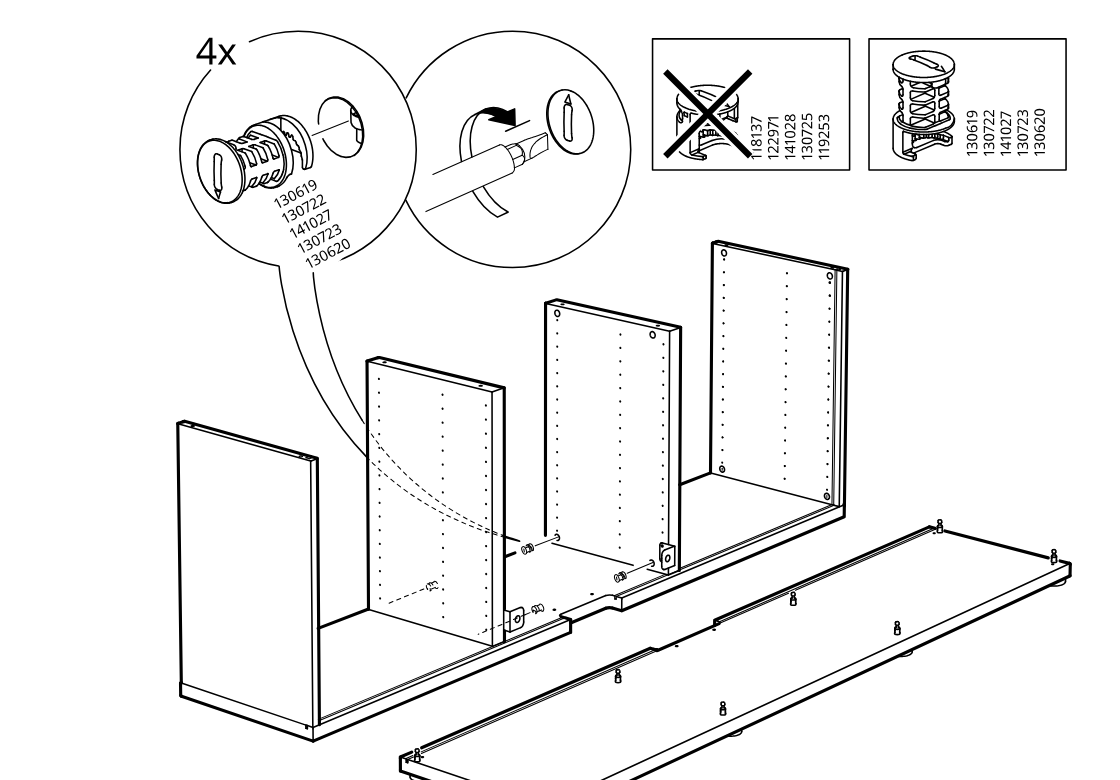 Diagram for step 7: Four screw-in inserts are installed into the indicated holes of the center panel using a screwdriver, with callouts showing the correct insert type and orientation.