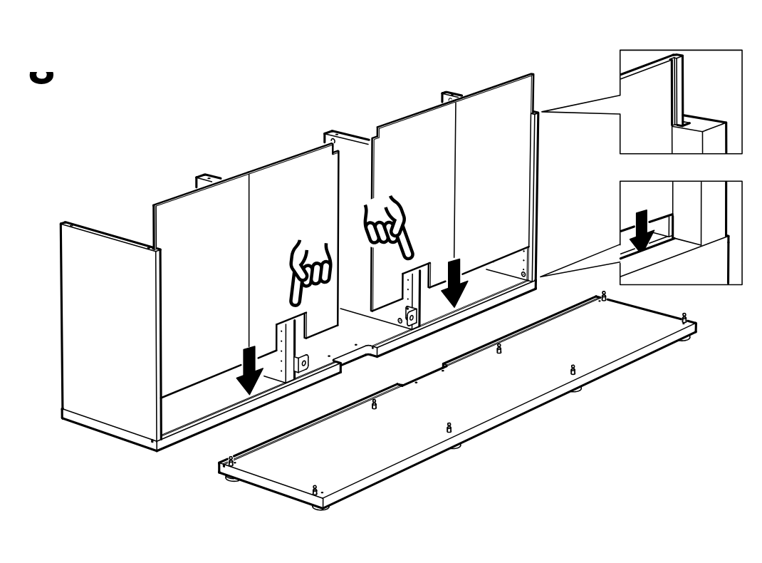 Diagram for step 8: The cabinet body panels are lowered into the base track and aligned, with detail callouts showing how the panel edges seat into the channel.