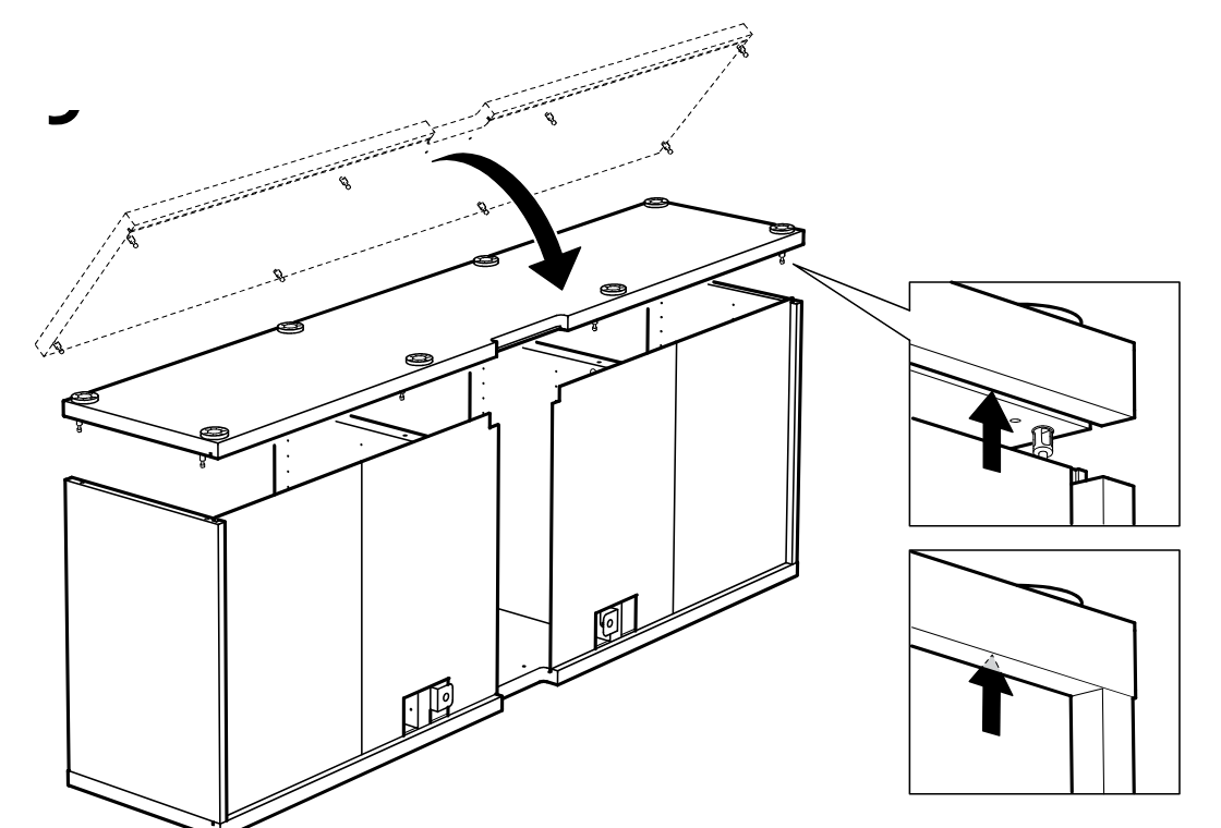 Diagram for step 9: The top panel is lowered onto the cabinet assembly and seated into place, with detail callouts showing the upper edge fitting under the top piece.