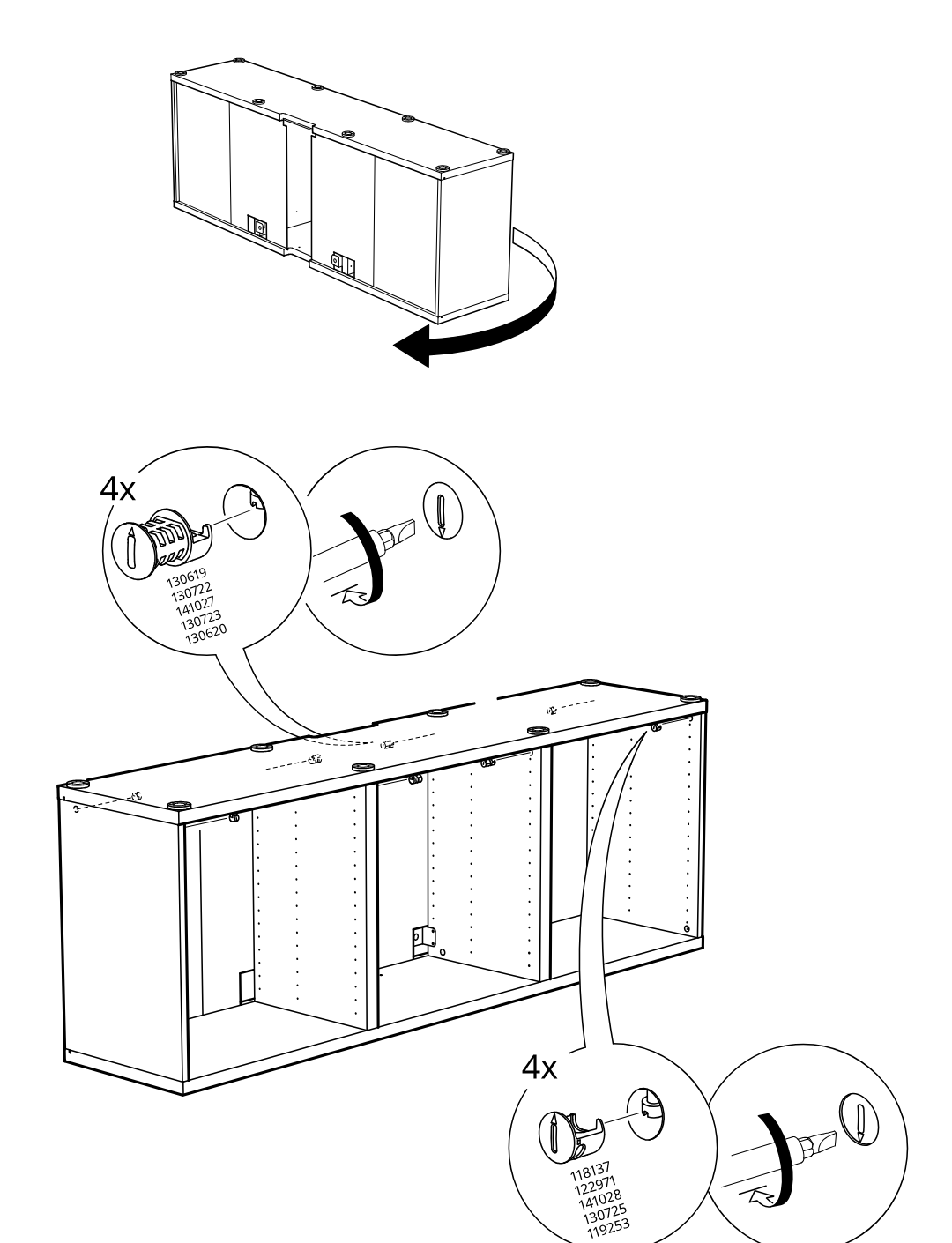 Diagram for step 10: The cabinet is turned over and 4 cam locks are inserted and rotated into the top panel from both the left and right indicated positions.