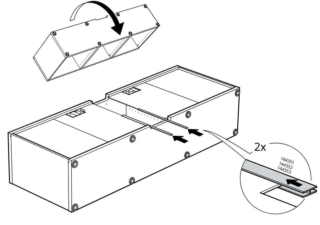 Diagram for step 11: The partly assembled unit is folded closed and two slide pieces are inserted from the right into the center joint, with a zoom callout showing parts 144351, 144352, and 144353 used twice.