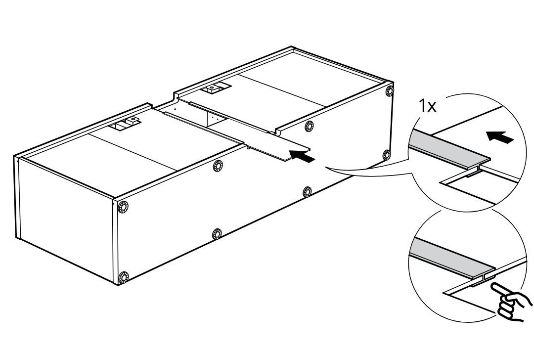 Diagram for step 12: A long panel is slid into the center opening from the right and pushed fully into place, with zoom callouts showing the fit and a hand pressing the piece inward.