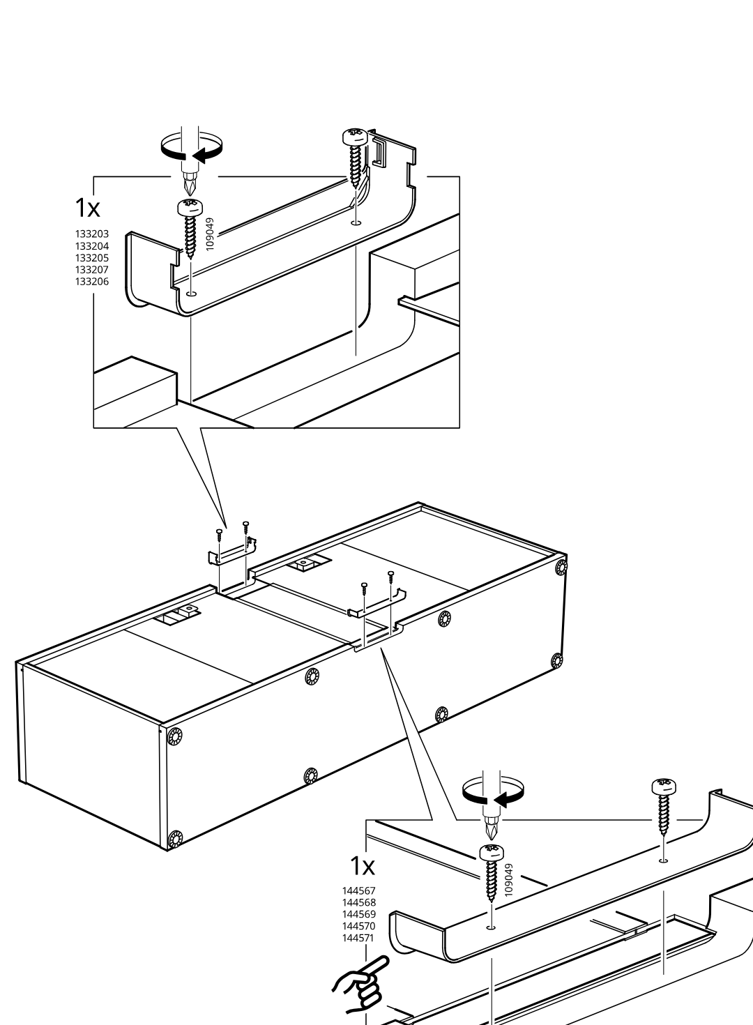 Diagram for step 13: Attach two metal joining brackets across the center seam and tighten the screws into the side rails, aligning the lower bracket with the groove as indicated by the hand.