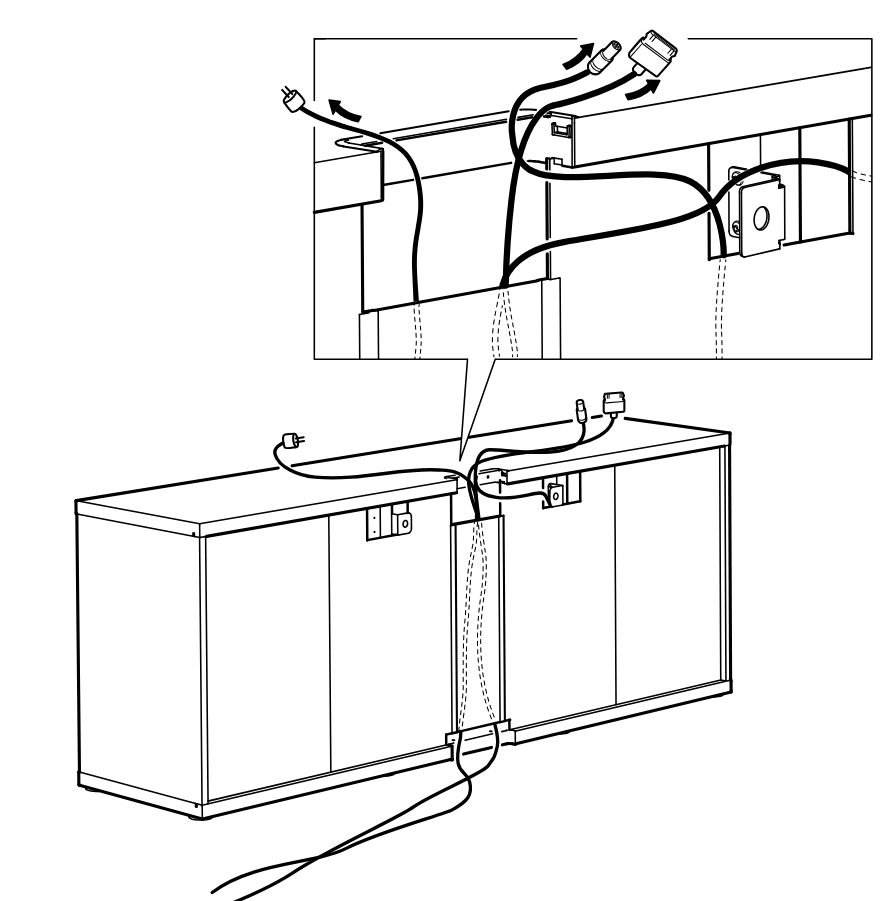 Diagram for step 14: Connect and route the electrical cables across the cabinet tops and down through the center cable guide between the two cabinet units.