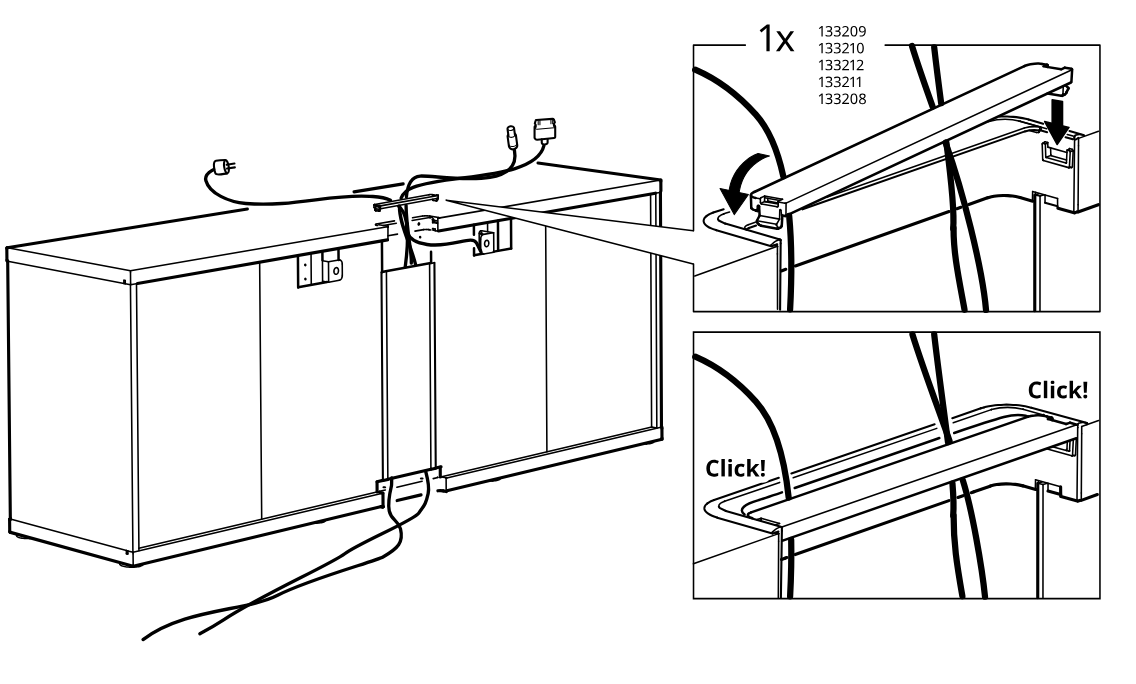 Diagram for step 15: Snap the top cable cover/rail into place over the routed wires, with inset details showing the cover hooking in and clicking down at both ends.