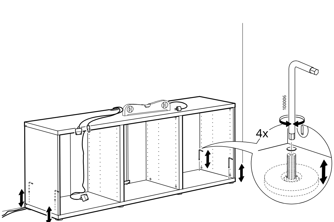 Diagram for step 16: Use the hex key to adjust the four threaded feet and level the cabinet while checking interior and side positions.