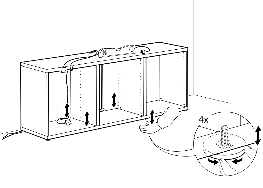 Diagram for step 17: Fine-tune the cabinet level by turning the feet from underneath by hand while monitoring the cabinet's vertical alignment.