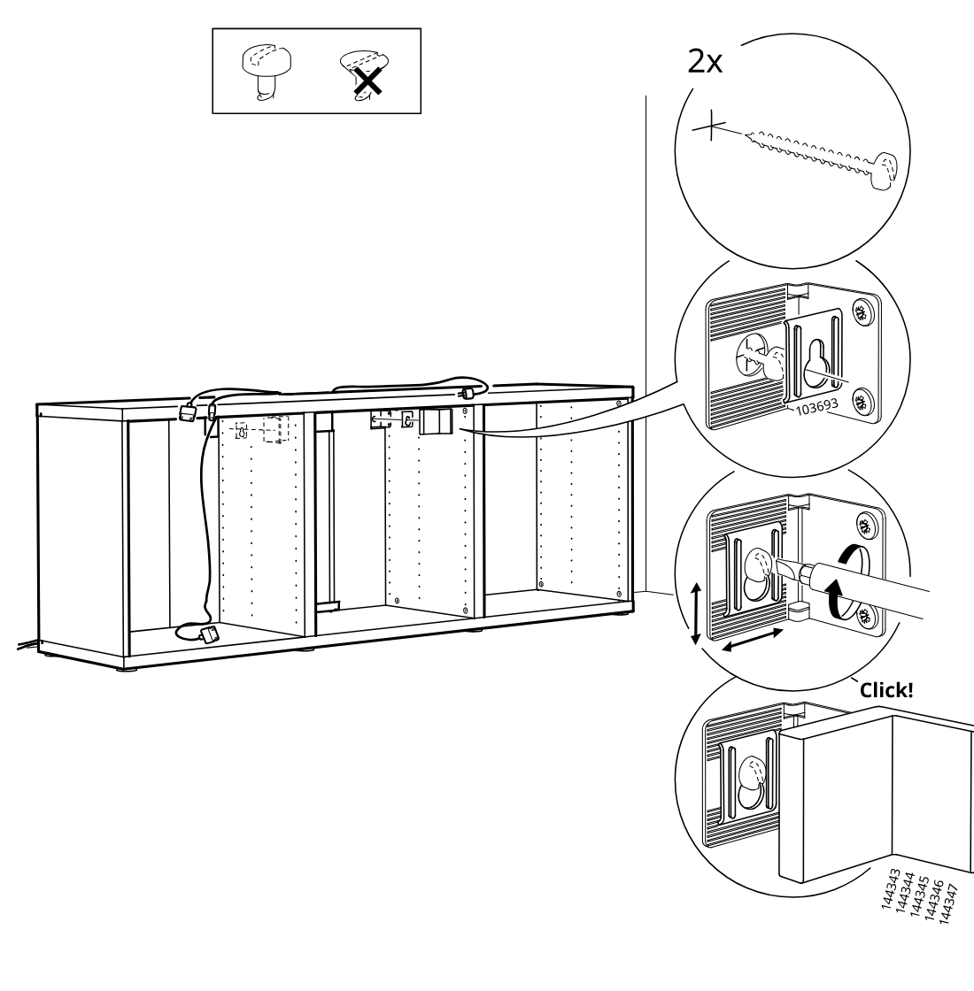 Diagram for step 18: Attach two wall-mount suspension fittings with screws, adjust the hanging bracket position, and click the cabinet onto the wall rail.