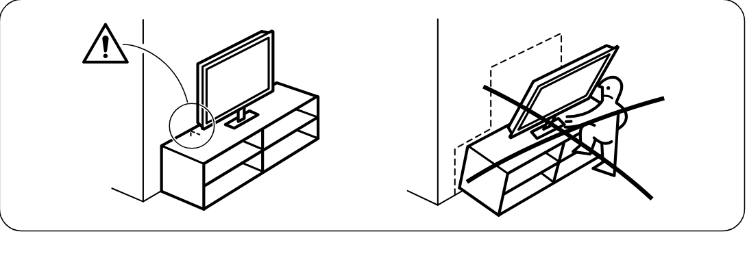 Illustration for assembly note: Safety panel showing the TV bench must be secured to the wall and not used unsupported or tipped forward.