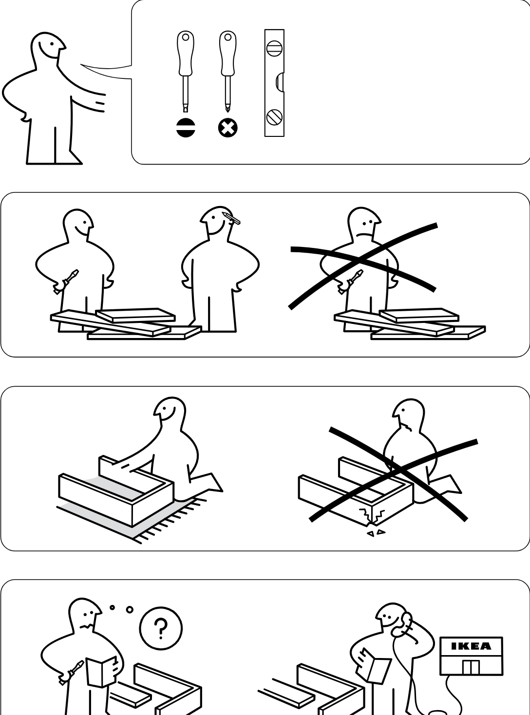 Illustration for assembly note: Four large preparation and safety panels show required tools, two-person assembly guidance, assembling on a soft surface instead of directly on the floor, and reading the instructions or contacting IKEA if unsure.