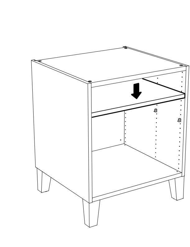 Diagram for step 2: Lower the shelf panel into the cabinet onto the shelf supports.