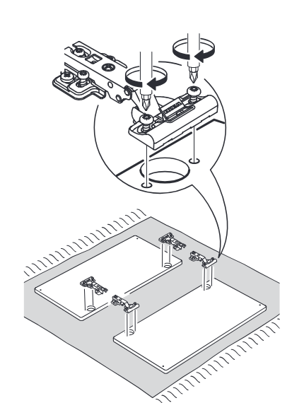 Diagram for step 1: Install the hinge and related fittings onto the door and cabinet panels using the shown screw positions and orientation.