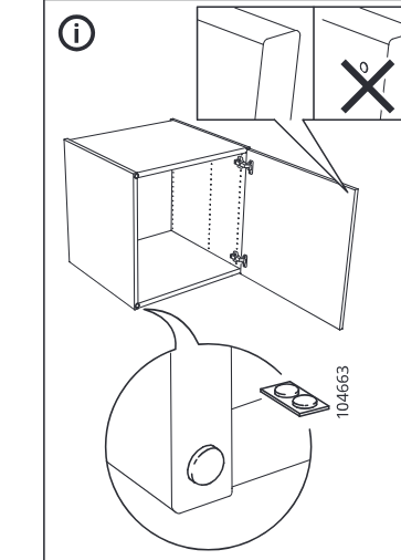 Illustration for assembly note: Free-standing information panel shows the door mounted on the cabinet, correct door-edge orientation versus incorrect orientation, and the hole cover position.