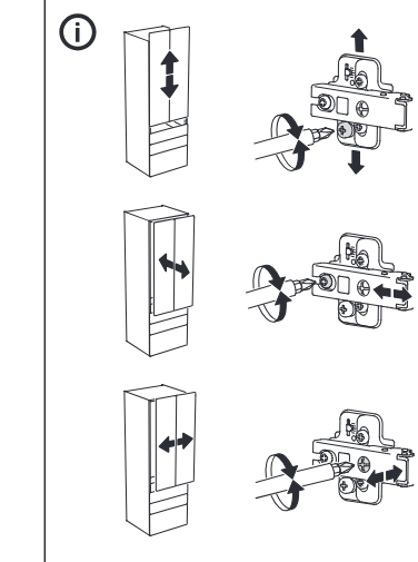 Illustration for assembly note: Free-standing information panel shows three hinge adjustment directions and which screw to turn for vertical, depth, and side adjustment.