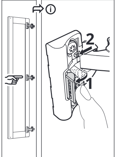 Illustration for assembly note: Free-standing information panel shows how to release or detach the hinge arm from the mounting plate using the latch lever.
