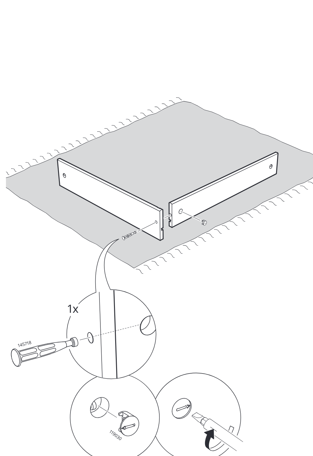 Diagram for step 1: Two side panels are joined on a soft surface, with a 145718 fastener inserted and a 119030 cam lock turned using a screwdriver as shown in the zoom callouts.