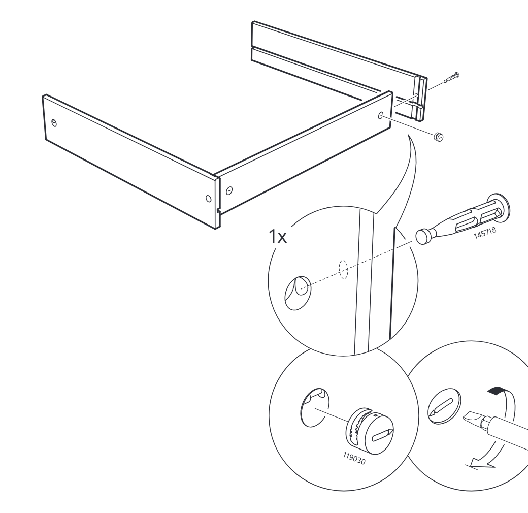 Diagram for step 2: The side panels and end panel are joined, then one plastic insert is pushed into the side hole and turned with a screwdriver to lock it.