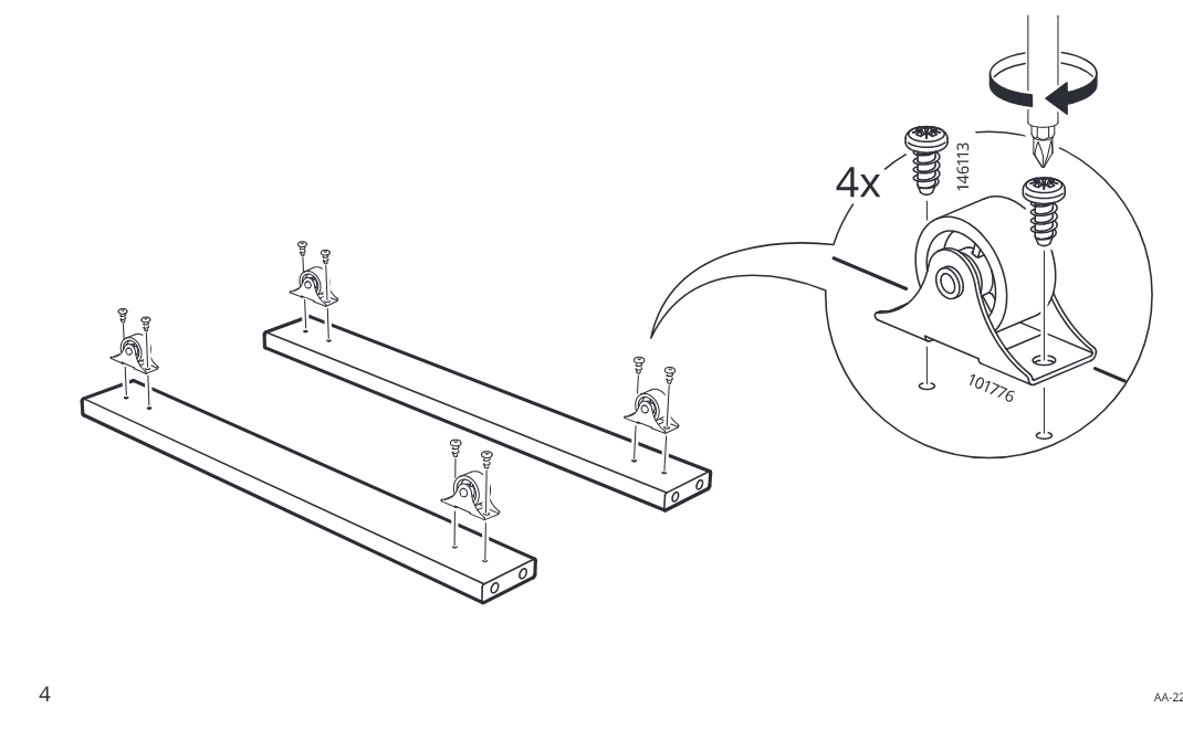 Diagram for step 3: Four caster brackets are positioned on the two long boards and secured with screws by tightening from above.