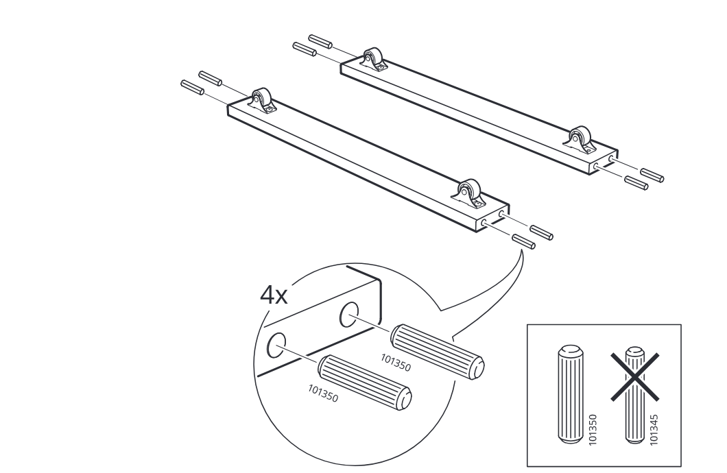 Diagram for step 4: Insert four ribbed dowels labeled 101350 into the ends of the two rail pieces, and use the correct dowel type instead of 101345.