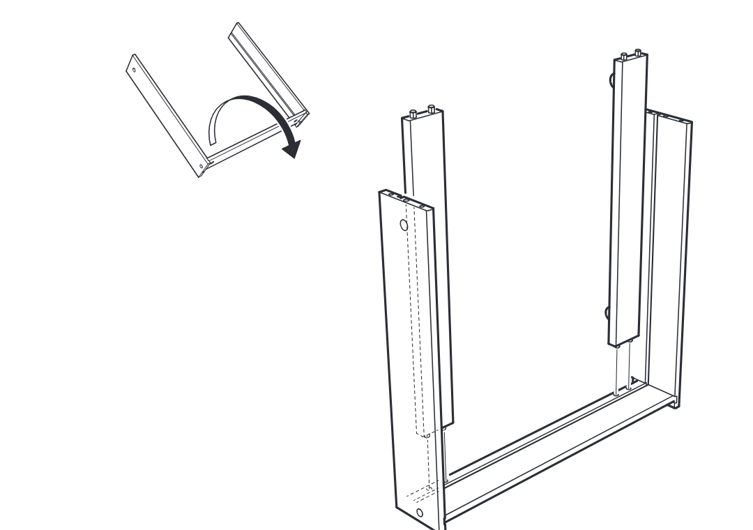 Diagram for step 5: Rotate the frame upright and slide the two tall side panels down onto the base assembly.