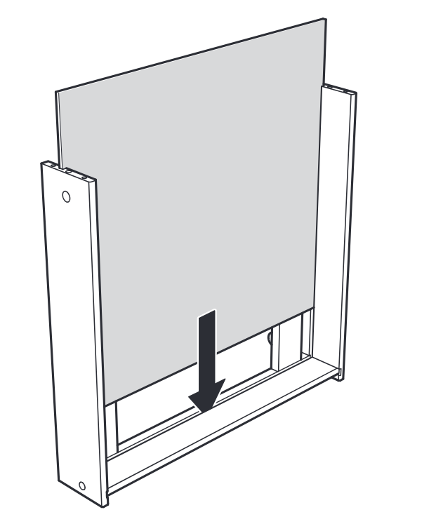 Diagram for step 6: A large panel is lowered down into the frame between the two side pieces and seated into the bottom rail.