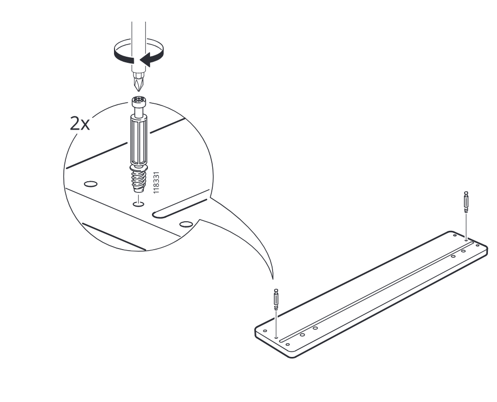 Diagram for step 7: Two cam screws (118331) are inserted and turned into the long board, with a zoom callout showing the screw detail and quantity 2x.