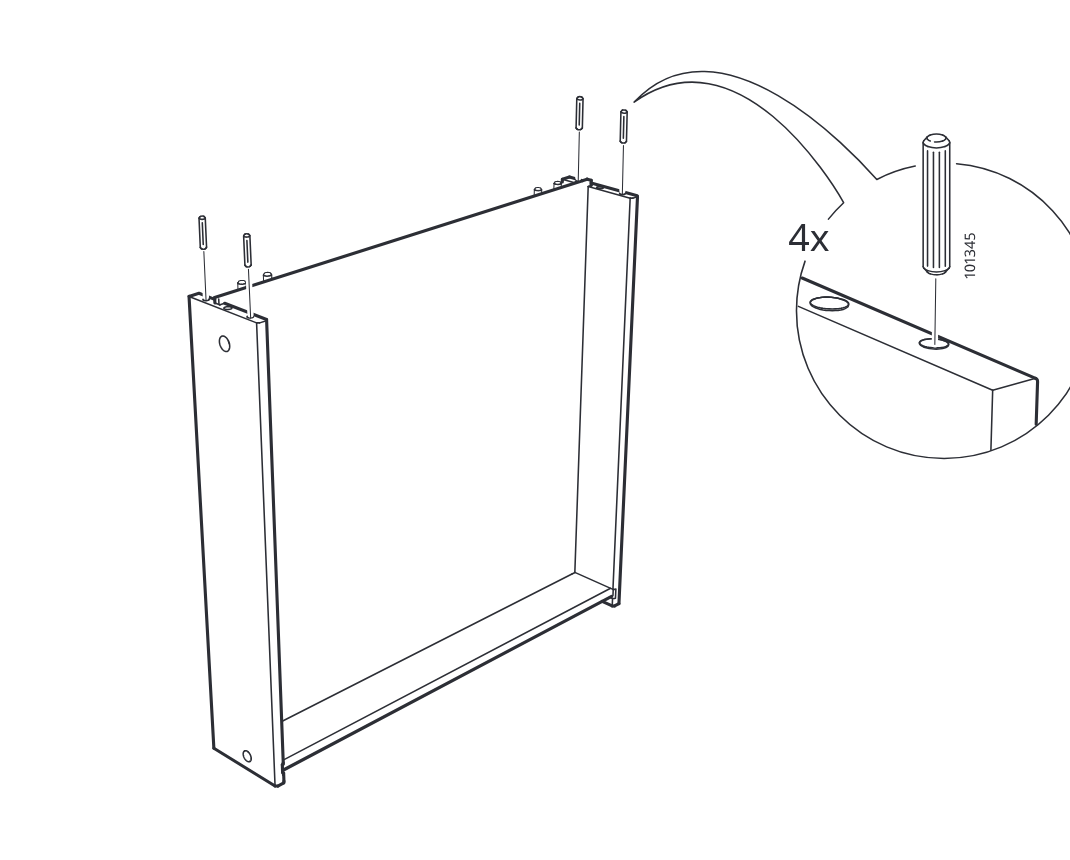 Diagram for step 8: Insert four dowels into the top holes of the side panels, as shown in the zoom detail.