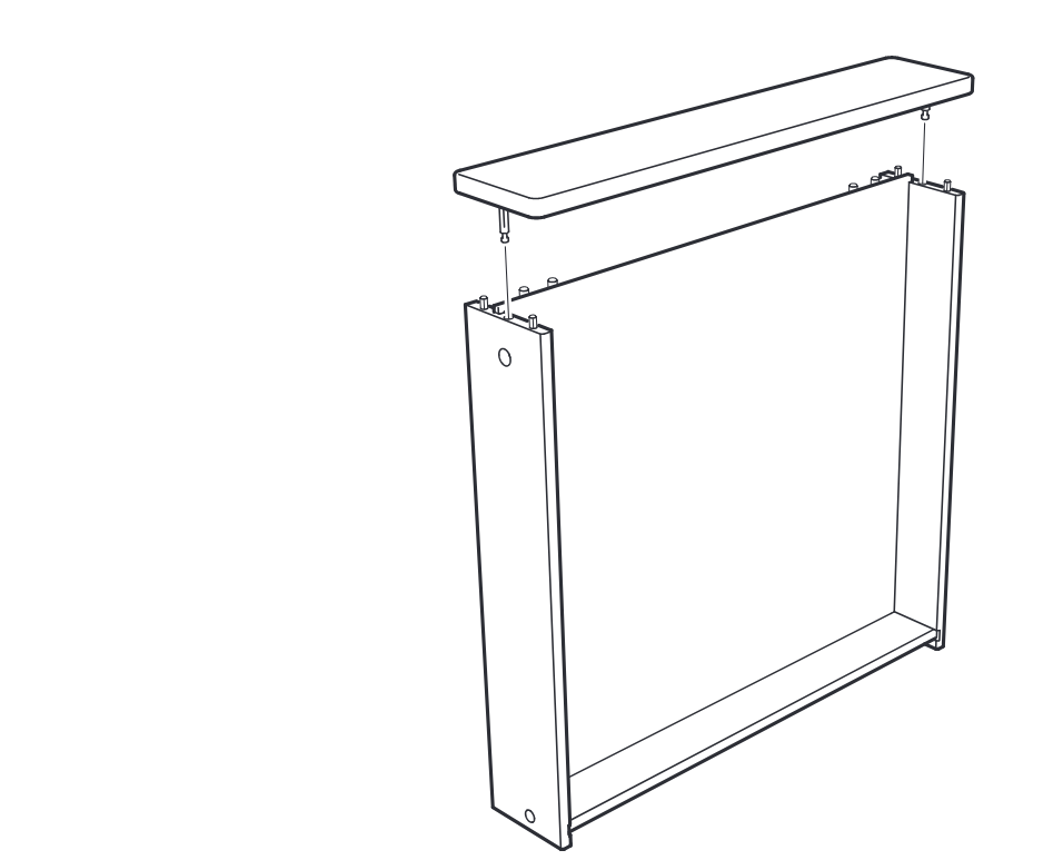 Diagram for step 9: Lower the top panel onto the assembled side frame, aligning its connectors with the top edges.