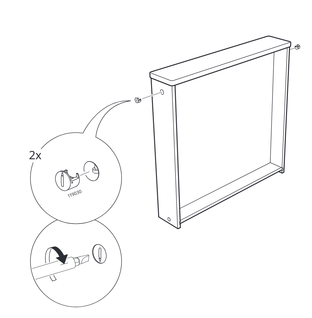 Diagram for step 10: Attach and tighten two 119030 cam locks into the side panel holes on the frame, using the indicated screwdriver orientation.