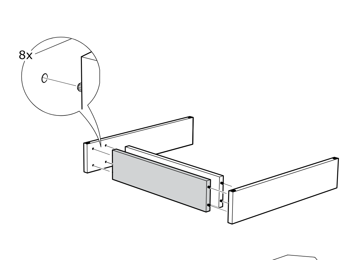 Diagram for step 2: Panels are aligned and joined into a drawer frame while eight cam fittings are indicated in a zoom callout for tightening at the side connection points.