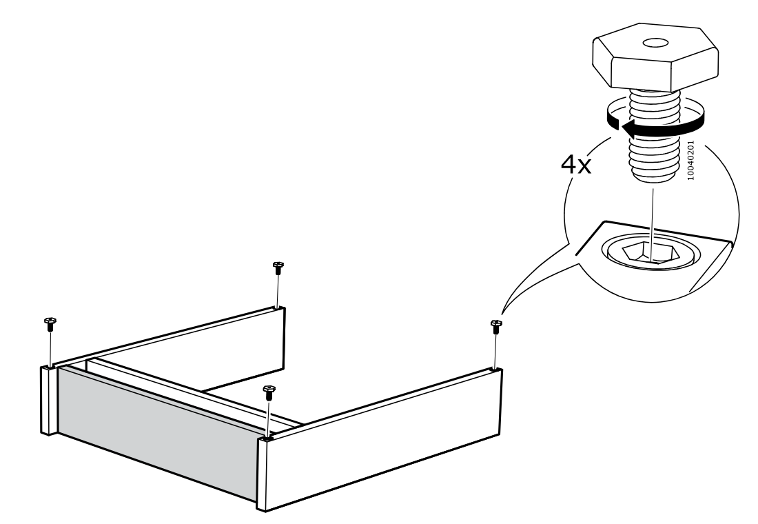 Diagram for step 3: Four threaded feet or bolts are inserted and turned into the corner sockets of the assembled frame, with a zoom callout showing the part 10040201 being screwed into place.