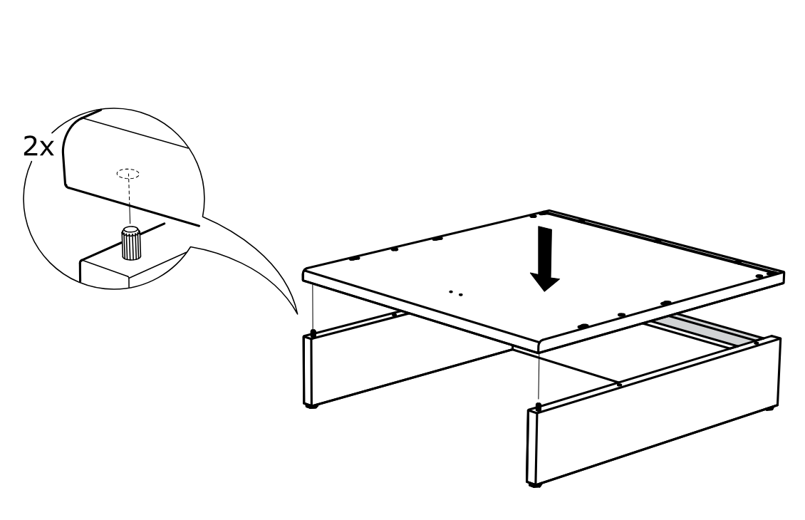 Diagram for step 5: Place the top panel down onto the frame and insert two locking pins as shown in the zoom callout.