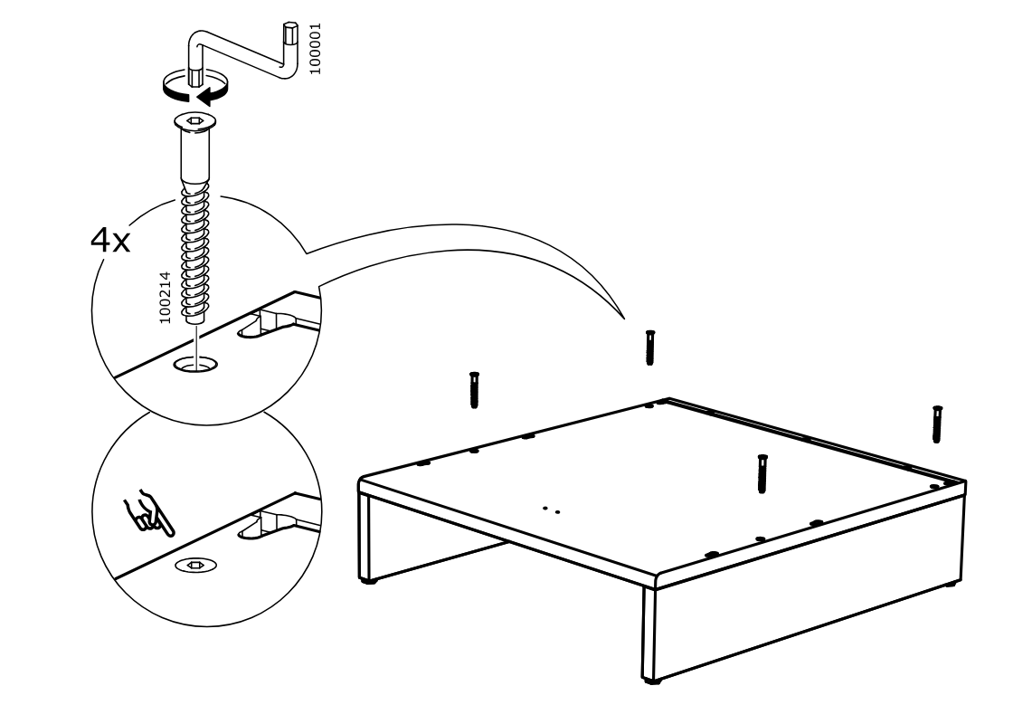 Diagram for step 6: Insert and tighten four screws with the included hex key, then cover the access holes with caps as shown in the zoom callouts.