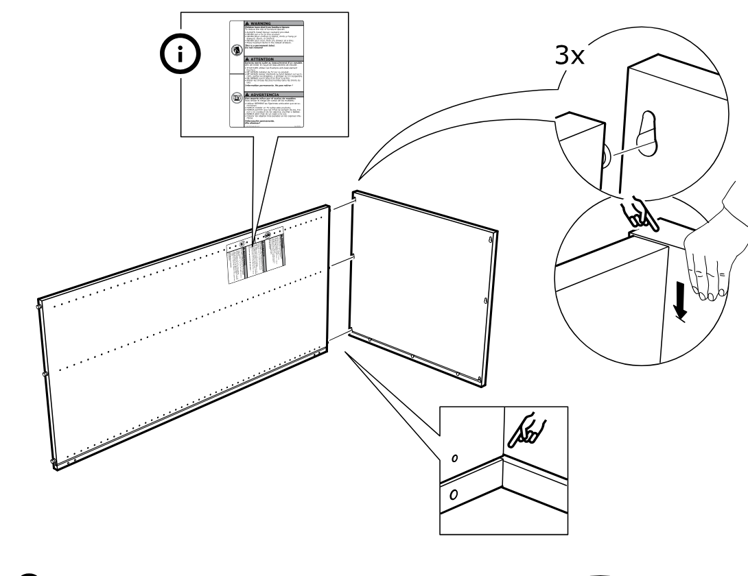 Diagram for step 7: Attach the side panel to the back panel, ensure the warning label is present and oriented correctly, and press the top edge down so the three connectors engage.
