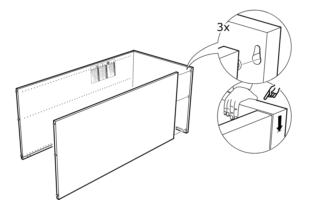 Diagram for step 8: Attach the opposite side panel to the back panel and press the top edge down so the three connectors engage.