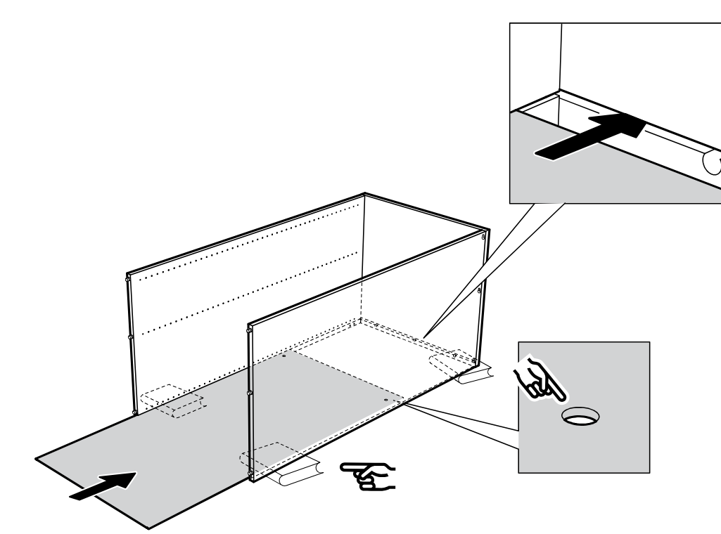 Diagram for step 9: Slide the large bottom panel into the cabinet side panels and align it using the indicated slots and guide points, checking the highlighted hole location.