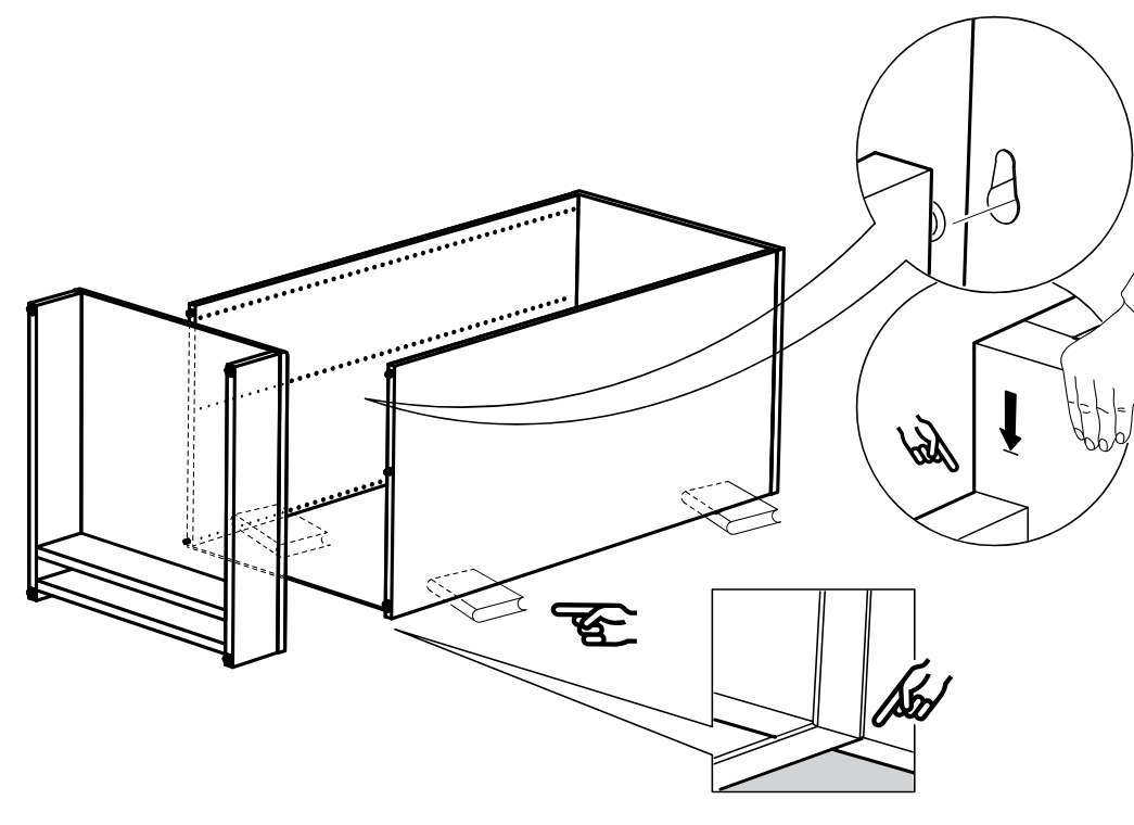 Diagram for step 10: Lower the side frame onto the assembled section so the tabs engage the slots, then press down and verify the bottom edge alignment in the close-up.