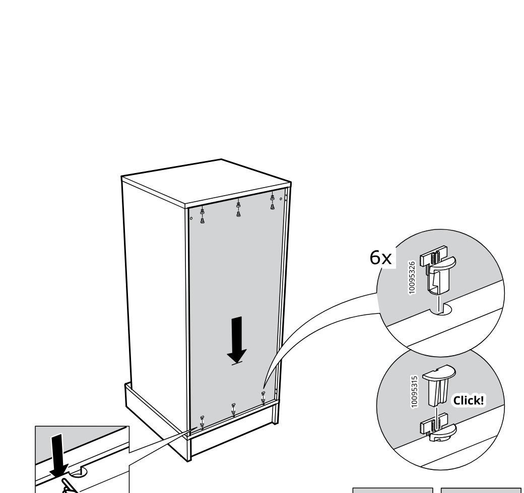 Diagram for step 11: Slide the back panel down into the cabinet base and lock it in place with 6 clips, ensuring the clip orientation matches the correct example and not the crossed-out one.