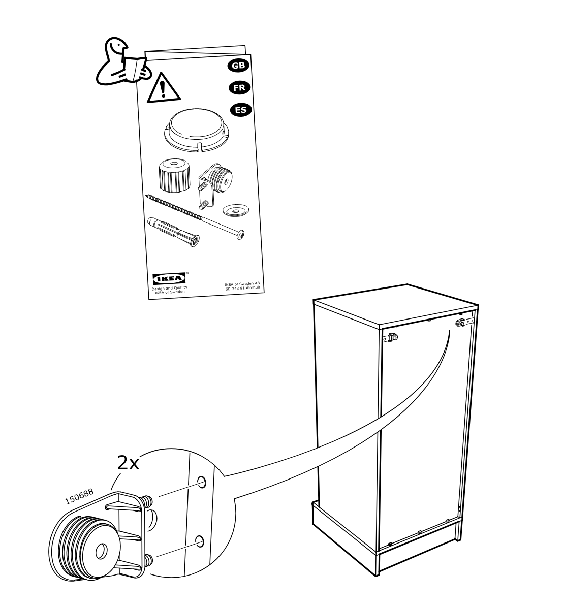 Diagram for step 12: The installer reads the anti-tip fitting instruction sheet and attaches two wall-fixing brackets to the upper back area of the cabinet, as shown in the zoom detail.