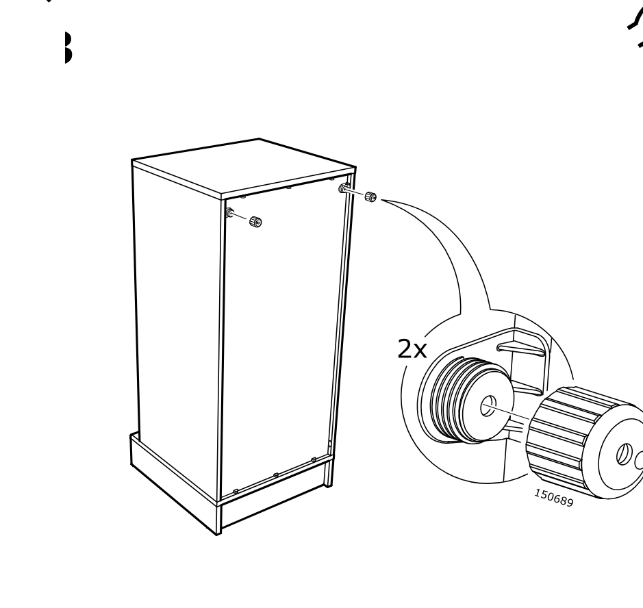 Diagram for step 13: Turn the cabinet and screw in two round threaded caps by hand onto the exposed fittings near the top, as shown in the zoom callout.