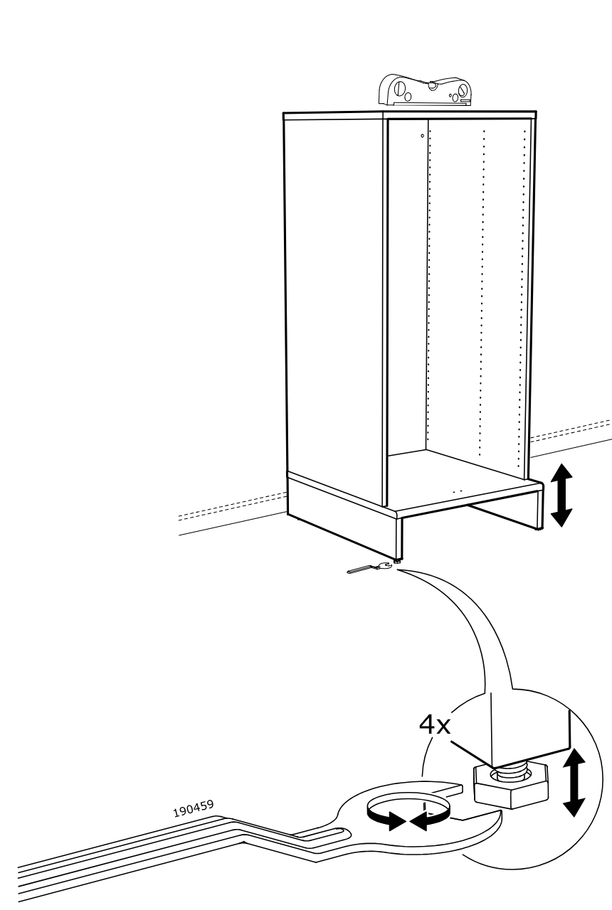 Diagram for step 15: The cabinet is leveled by adjusting the four feet with the included wrench while checking the bubble level on top.