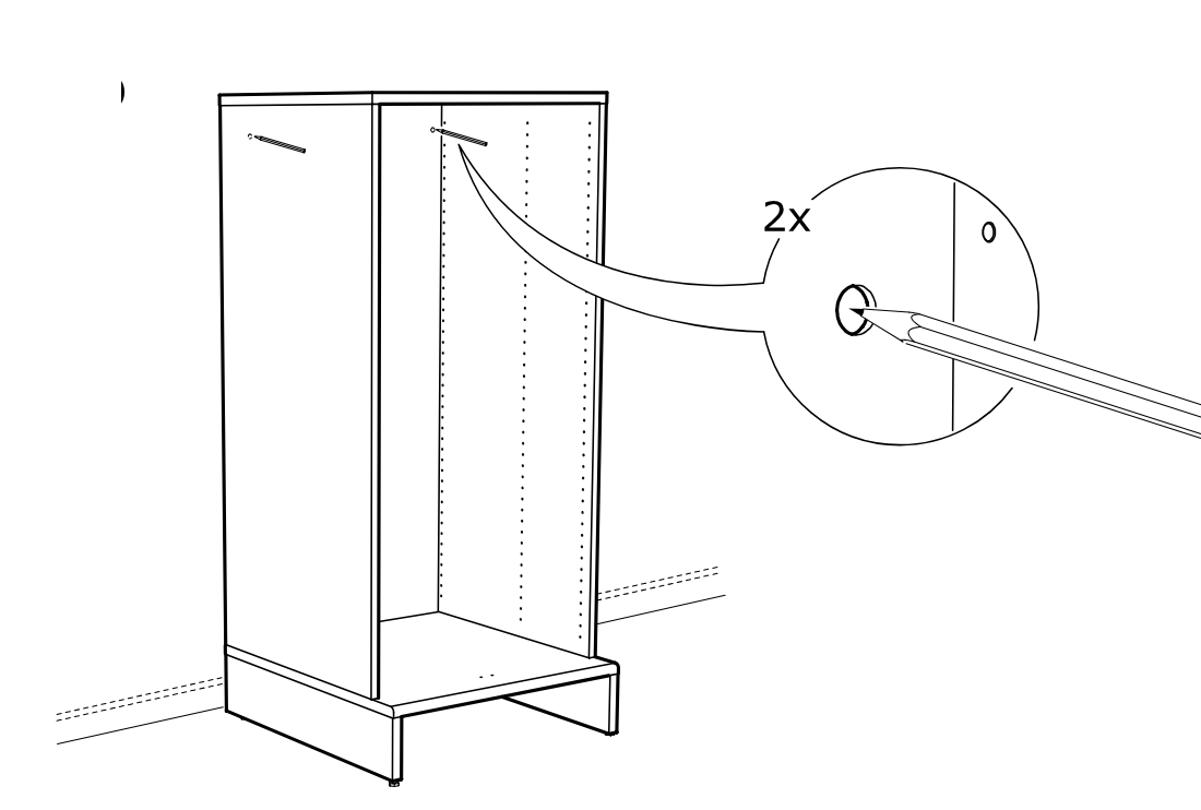 Diagram for step 16: Insert and tighten two screws at the top inside the cabinet, shown with a zoomed pencil-turn detail.