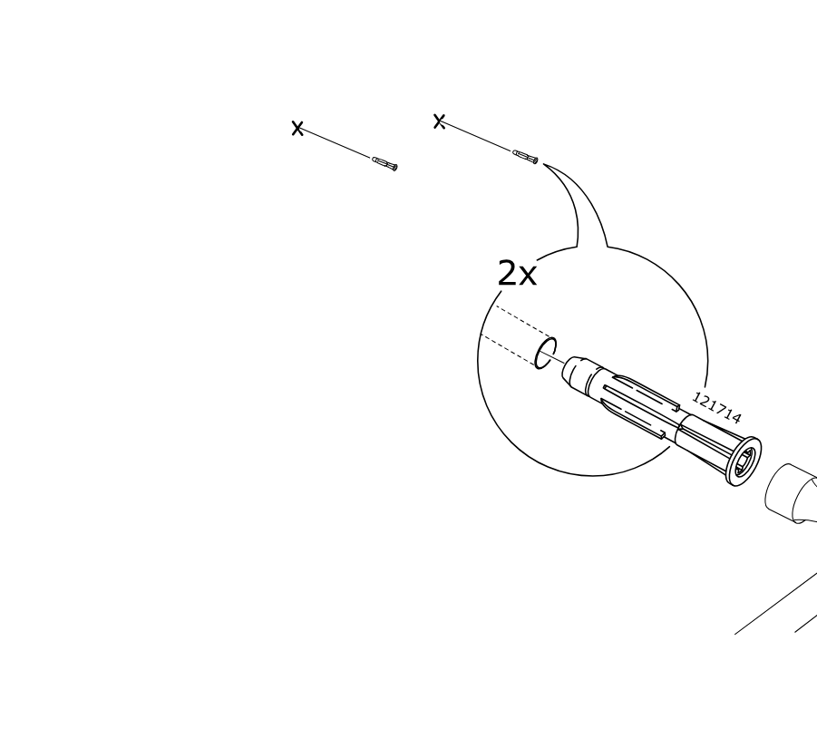 Diagram for step 19: Insert two wall plugs labeled 121714 into the holes and tap them in with a hammer.