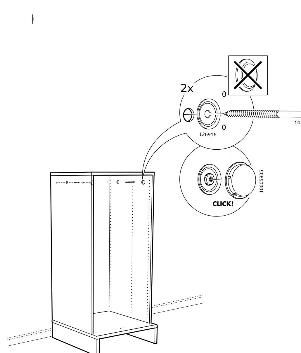 Diagram for step 20: Install two screw covers by inserting screw 147968 through washer 126916 into the cabinet side and then clicking cap 10005905 into place, without using a wall plug.