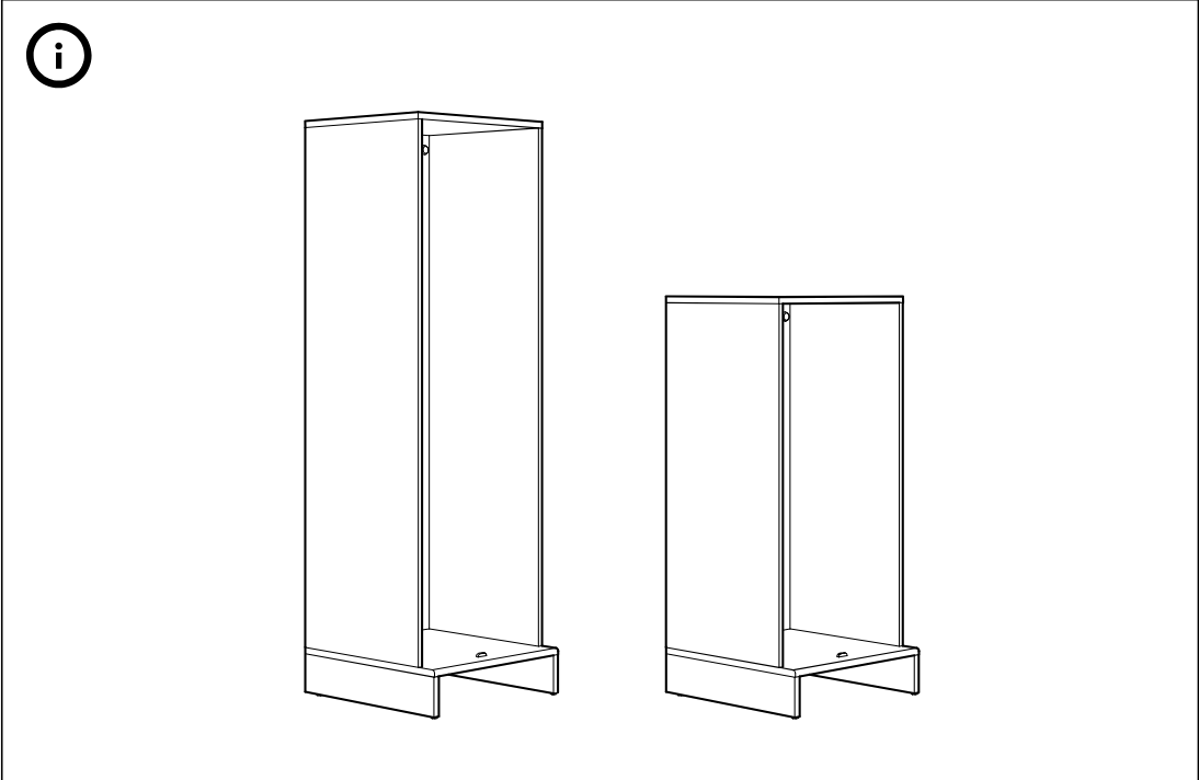 Illustration for assembly note: Information panel shows the cabinet frame upright in two size variants with the base and interior bottom orientation indicated.