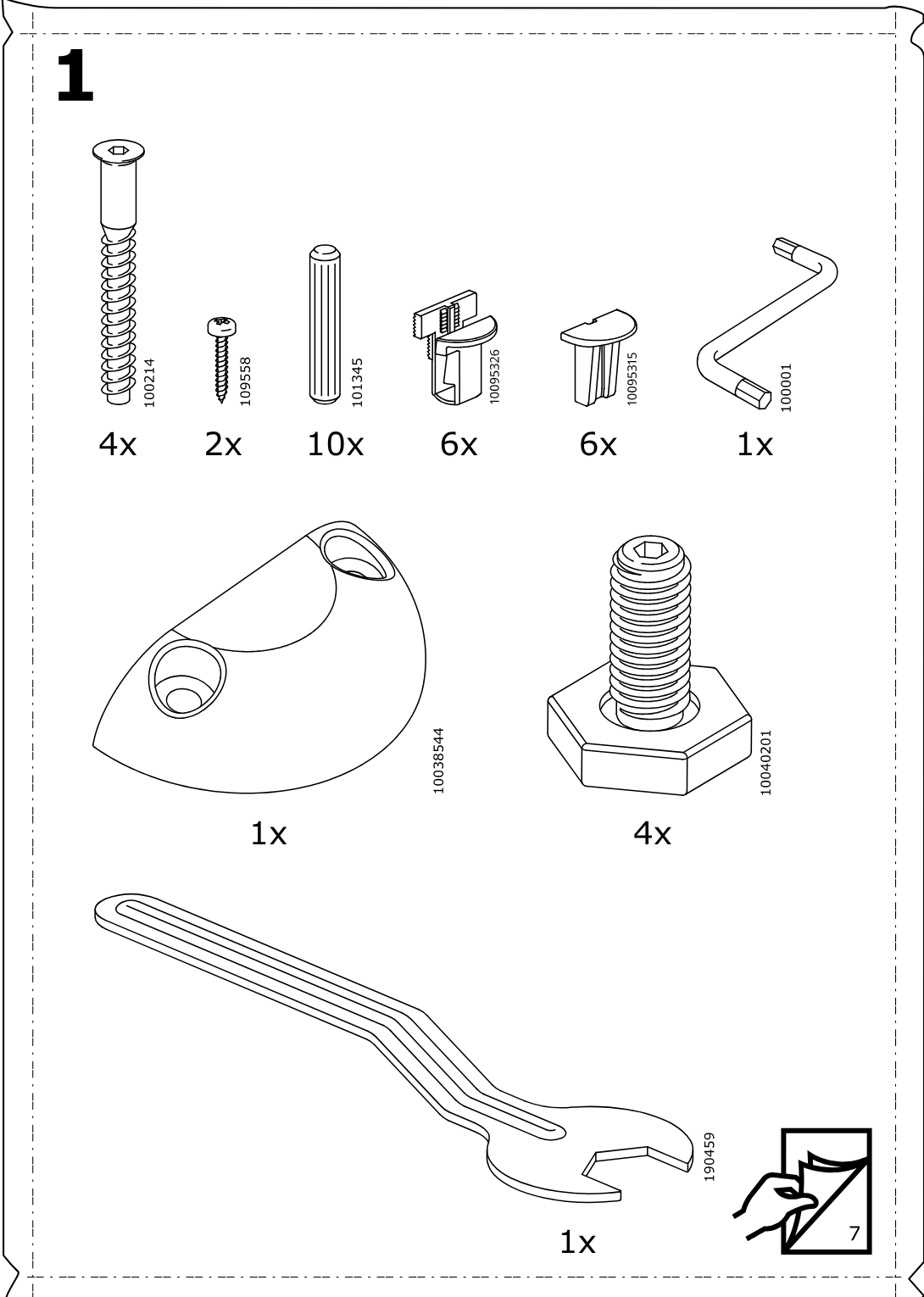 Illustration for assembly note: Parts-bag reference page labeled 1 showing included hardware and tools: screws, small screws, dowels, two plastic fittings, an Allen key, a plastic support piece, a threaded foot, and a wrench, plus a leaflet icon marked 7.