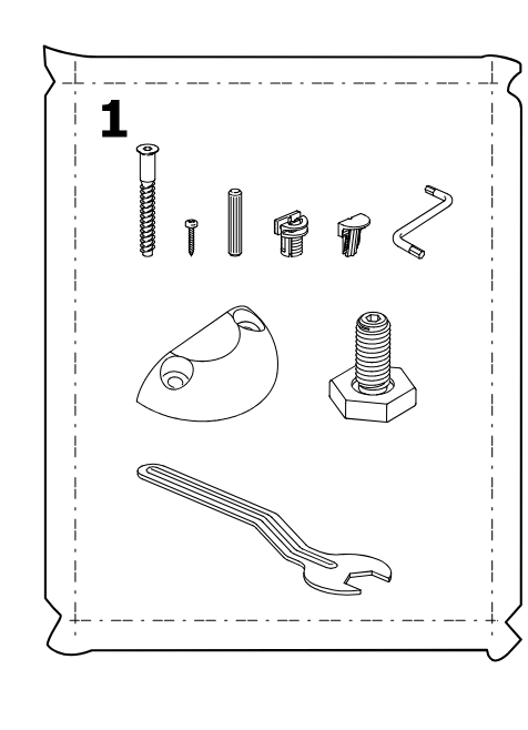 Illustration for assembly note: Standalone parts-bag panel labeled 1 showing the required hardware and tools for this stage.